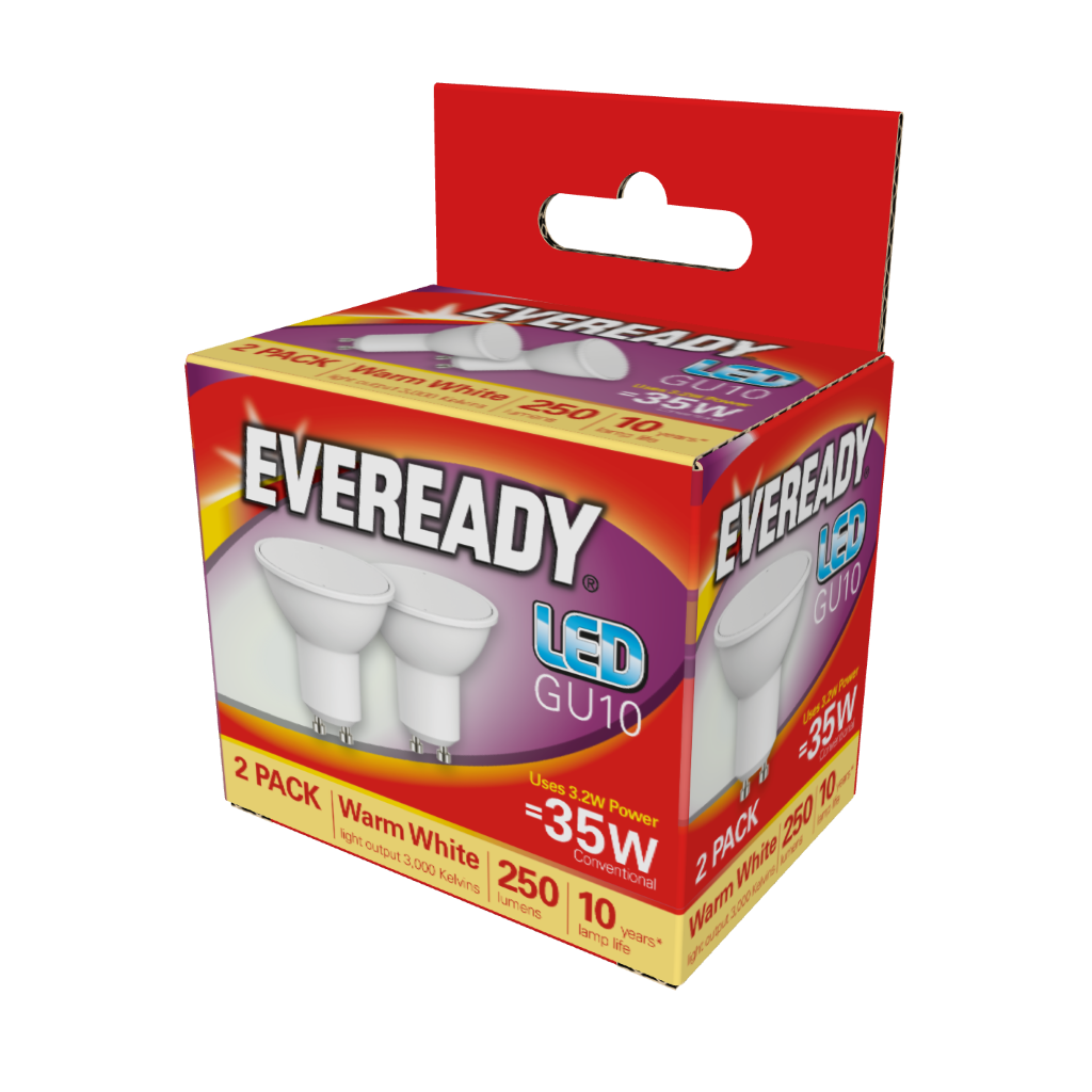 S15289 Eveready LED GU10 250lm 3.2W 3,000K (Warm White), Box of 2