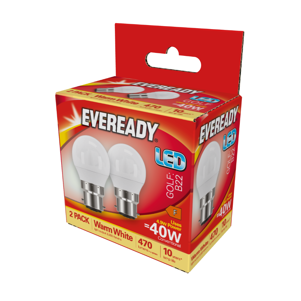 S15293 Eveready LED Golf B22 (BC) 470lm 4.9W 3,000K (Warm White), Box of 2