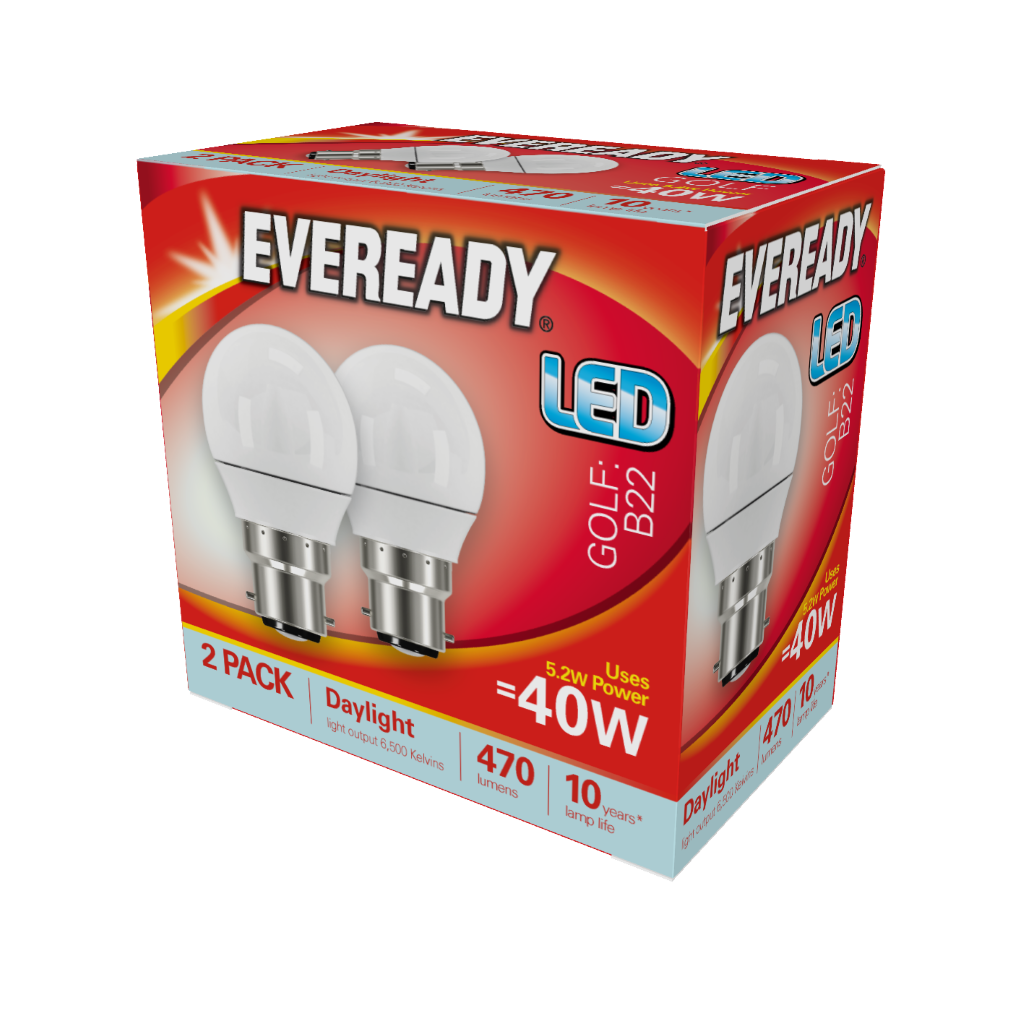 S15294 Eveready LED Golf B22 (BC) 470lm 4.9W 6,500K (Daylight), Box of 2