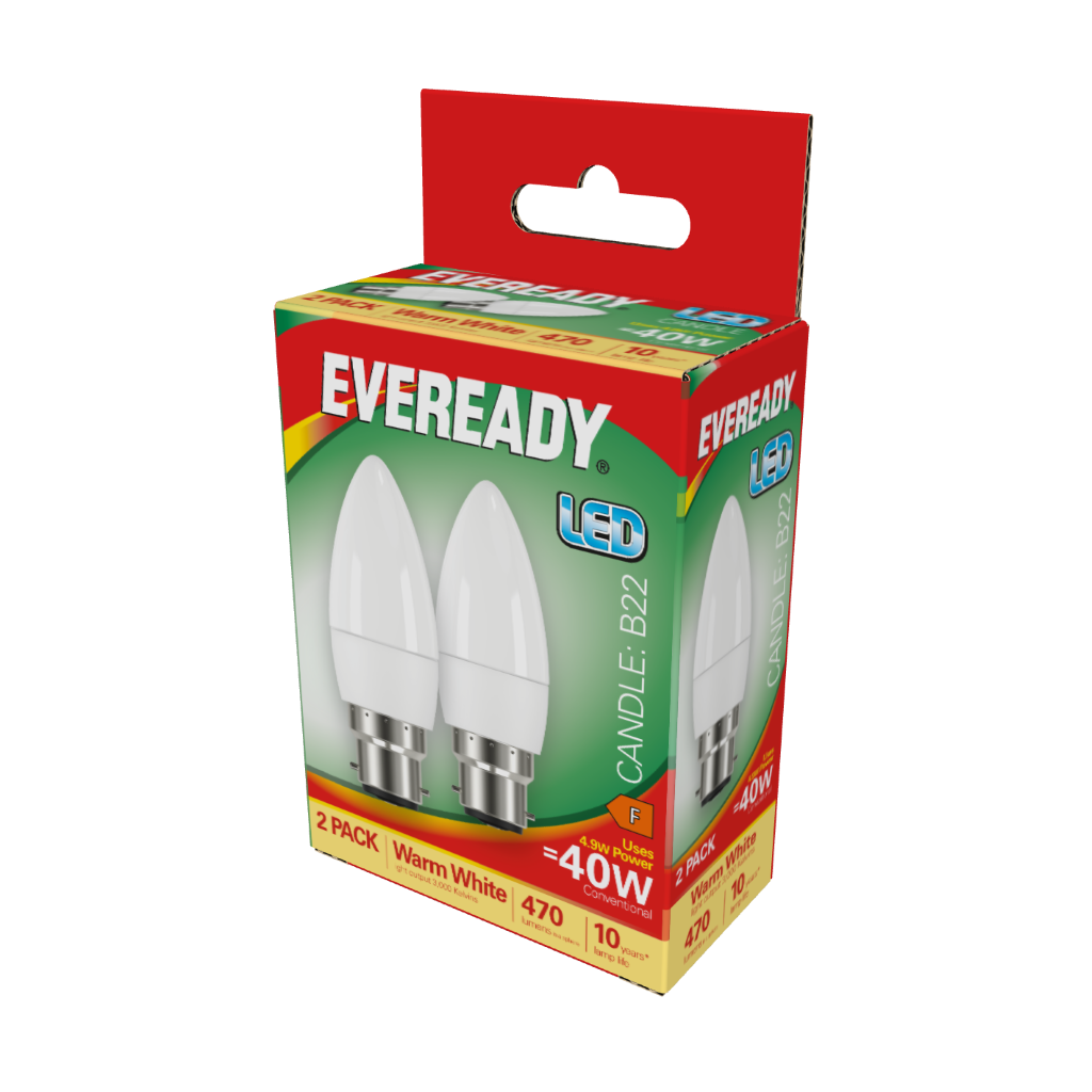 S15297 Eveready LED Candle B22 (BC) 470lm 4.9W 3,000K (Warm White), Box of 2