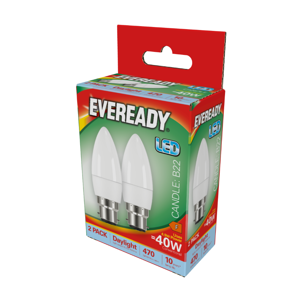 S15298 Eveready LED Candle B22 (BC) 470lm 4.9W 6,500K (Daylight), Box of 2