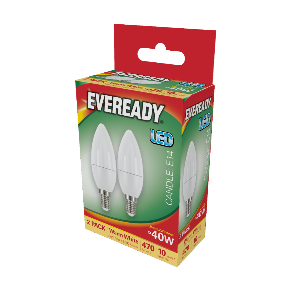 S15299 Eveready LED Candle E14 (SES) 470lm 4.9W 3,000K (Warm White), Box of 2