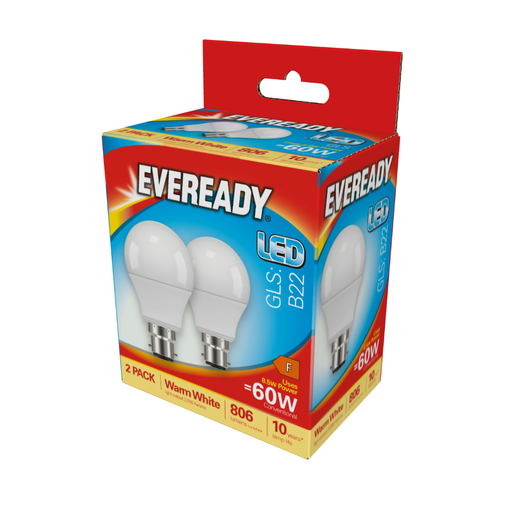 S15301 Eveready LED GLS B22 (BC) 806lm 8.5W 3,000K (Warm White), Box of 2