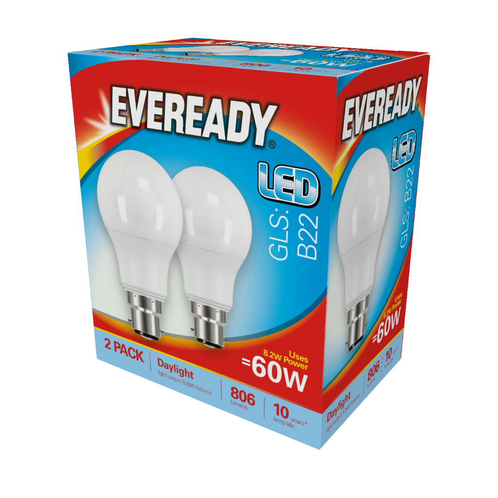 S15302 Eveready LED GLS B22 (BC) 806lm 8.5W 6,500K (Daylight), Box of 2