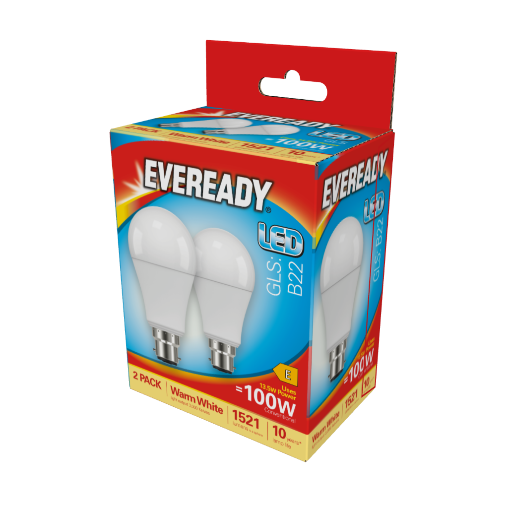 S15305 Eveready LED GLS B22 (BC) 1,521lm 13.5W 3,000K (Warm White), Box of 2
