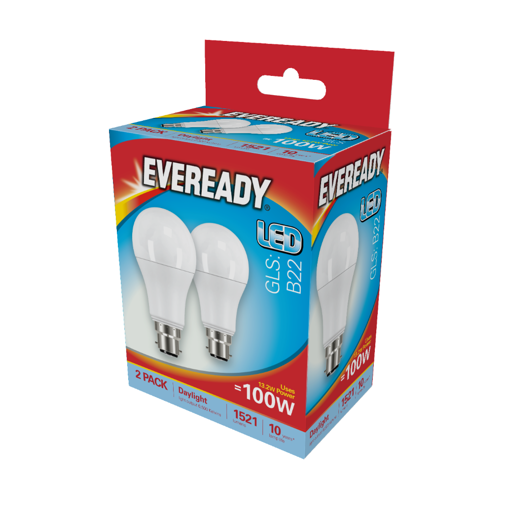 S15306 Eveready LED GLS B22 (BC) 1,521lm 13.5W 6,500K (Daylight), Box of 2