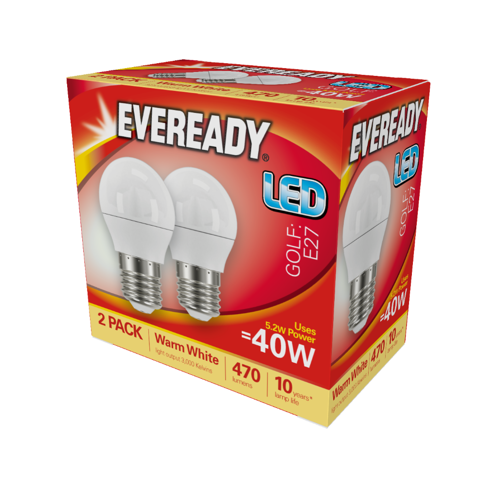 S15333 Eveready LED Golf E27 (ES) 470lm 4.9W 3,000K (Warm White), Box of 2