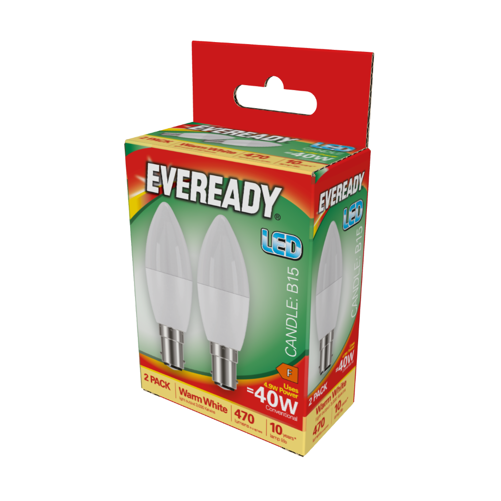 S15334 Eveready LED Candle B15 (SBC) 470lm 4.9W 3,000K (Warm White), Box of 2