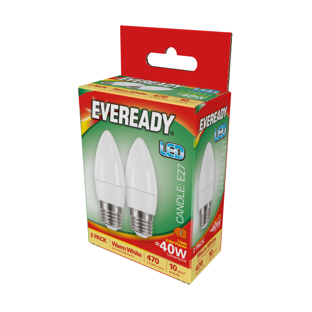 S15335 Eveready LED Candle E27 (ES) 470lm 4.9W 3,000K (Warm White), Box of 2