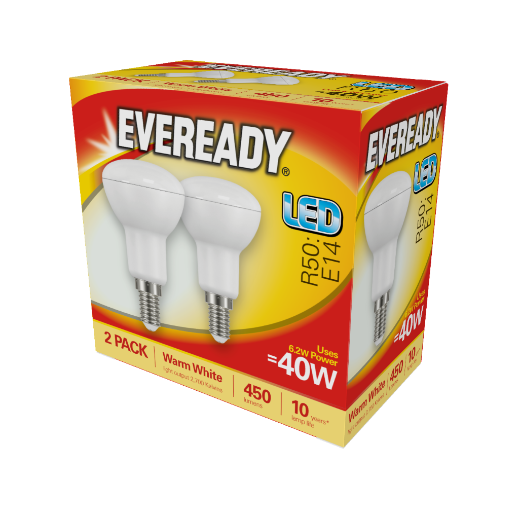 S15336 Eveready LED R50 Reflector E14 (SES) 450lm 4W 3,000K (Warm White), Box of 2