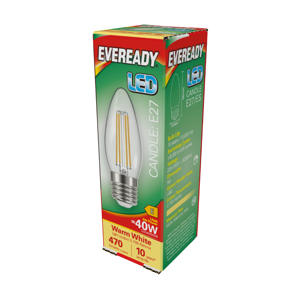 S15477 Eveready LED Filament Candle E27 (ES) 470lm 4W 2,700K (Warm White), Box of 1