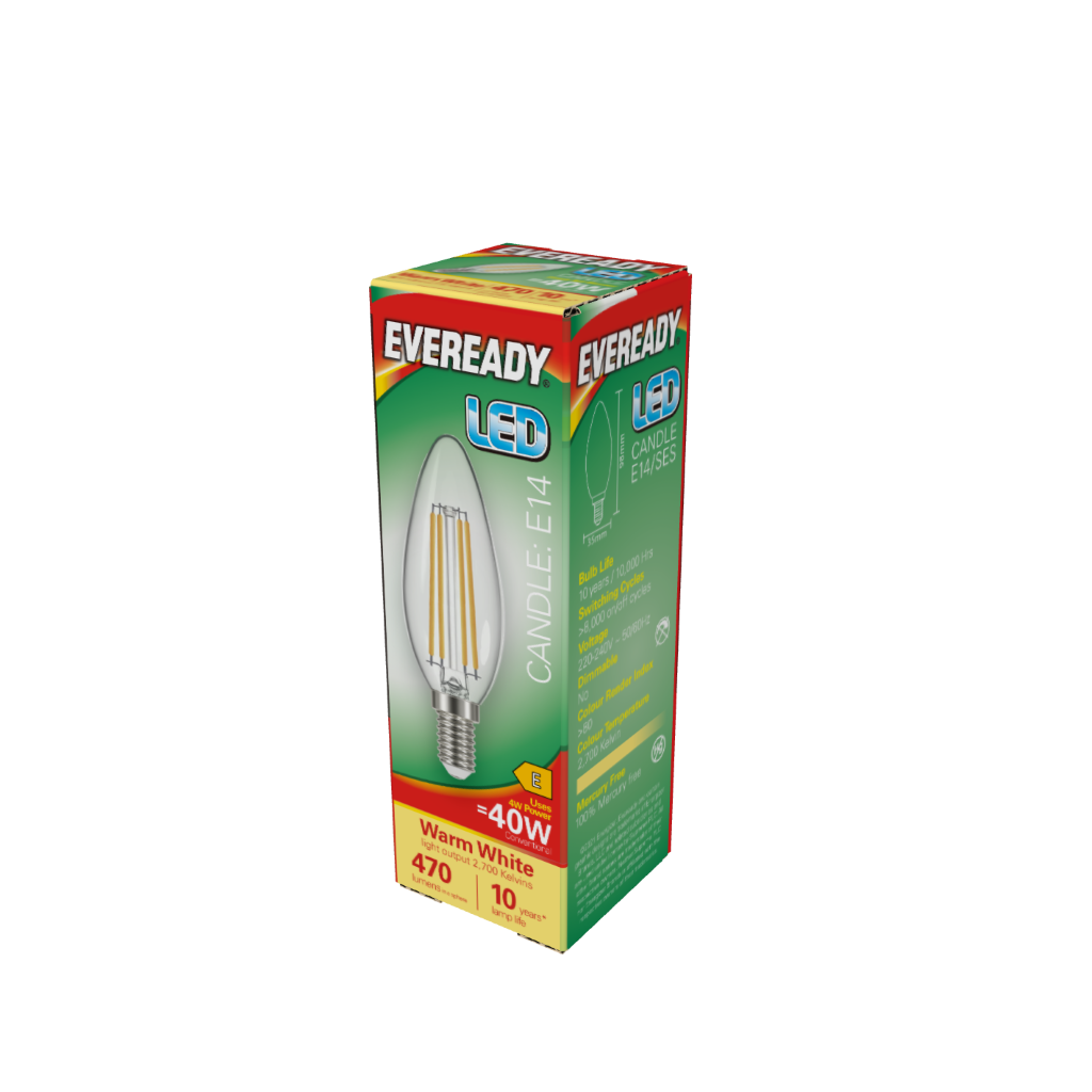 S15478 Eveready LED Filament Candle E14 (SES) 470lm 4W 2,700K (Warm White), Box of 1