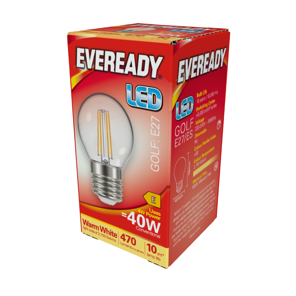 S15481 Eveready LED Filament Golf E27 (ES) 470lm 4W 2,700K (Warm White) Box of 1