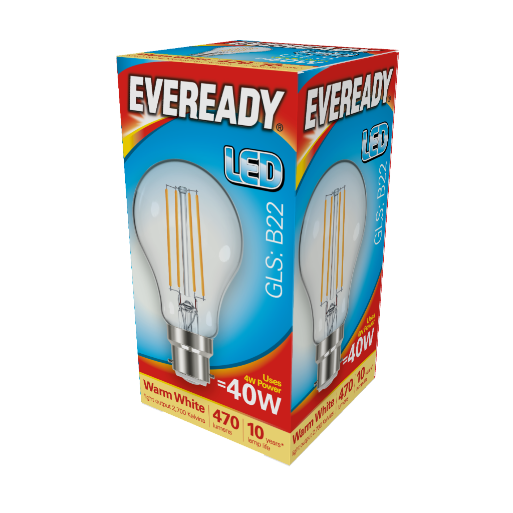 S15483 Eveready LED Filament GLS B22 (BC) 470lm 4W 2,700K (Warm White), Box of 1