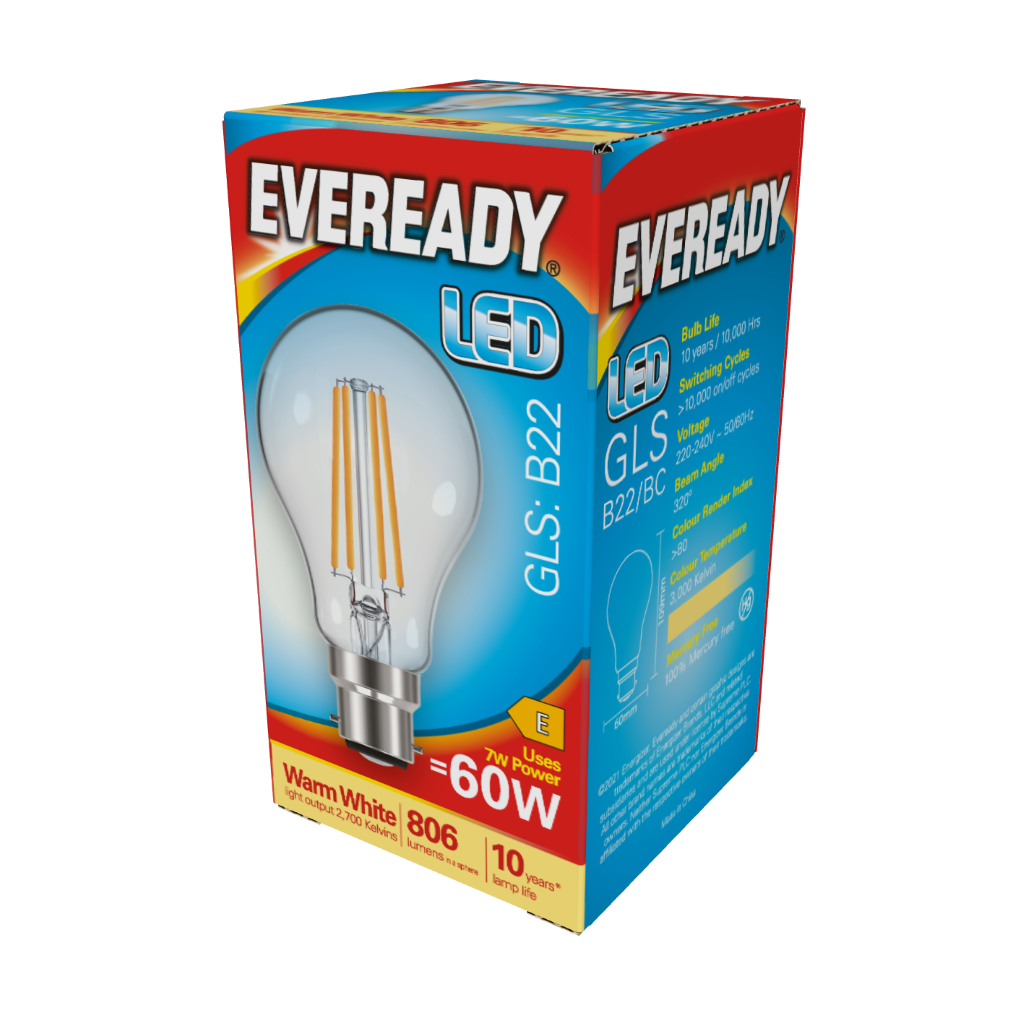 S15485 Eveready LED Filament GLS B22 (BC) 806lm 6.5W 2,700K (Warm White), Box of 1