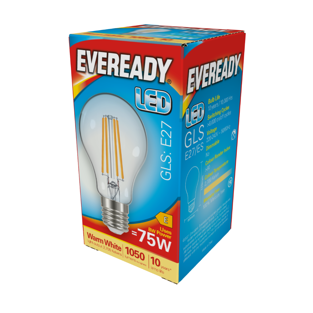 S15488 Eveready LED Filament GLS E27 (ES) 1,050lm 8W 2,700K (Warm White) Box of 1