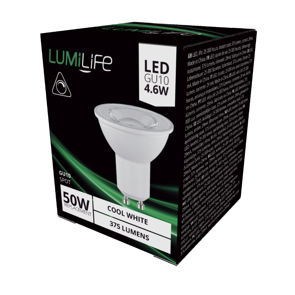 S16370 LumiLife LED GU10 345lm 3.6W 4,000K (Cool White) Dimmable, Box of 1