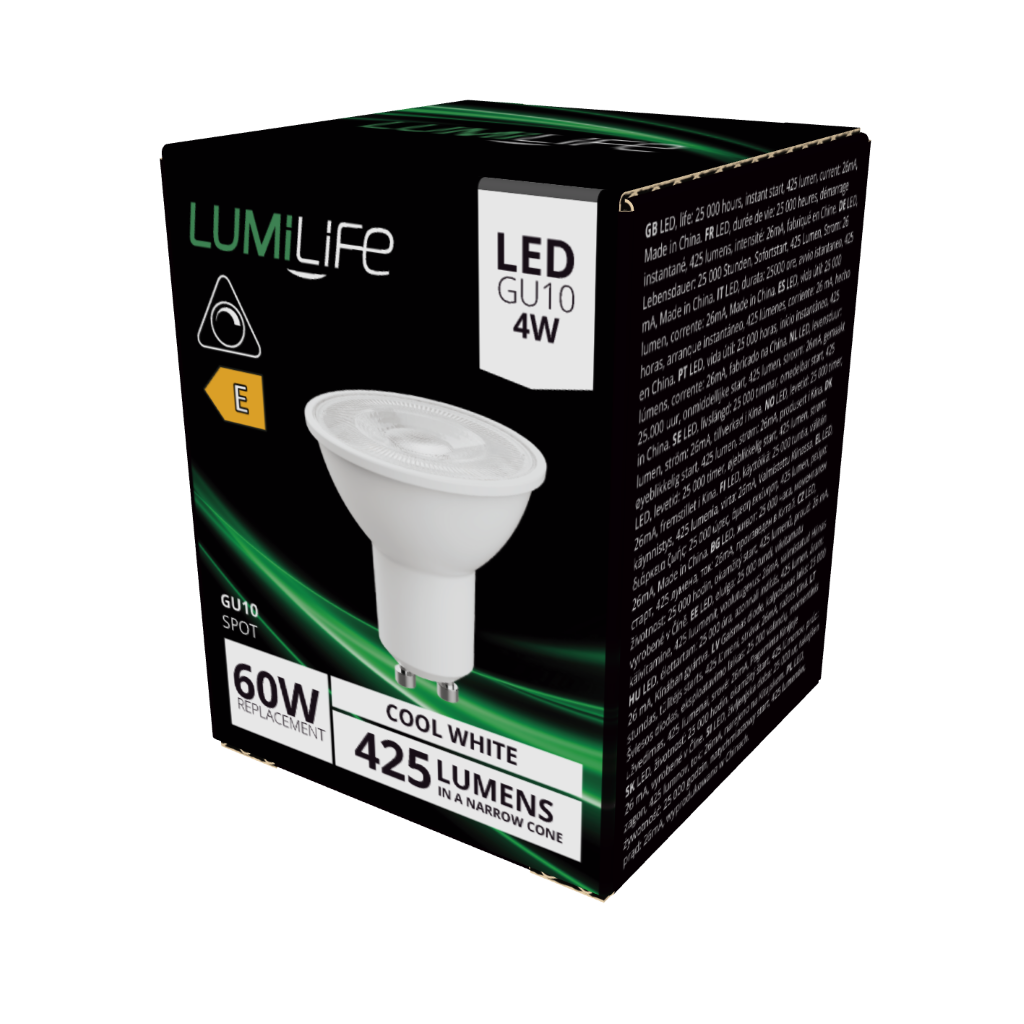 S16374 LumiLife LED GU10 425lm 4W 4,000K (Cool White) Dimmable, Box of 1