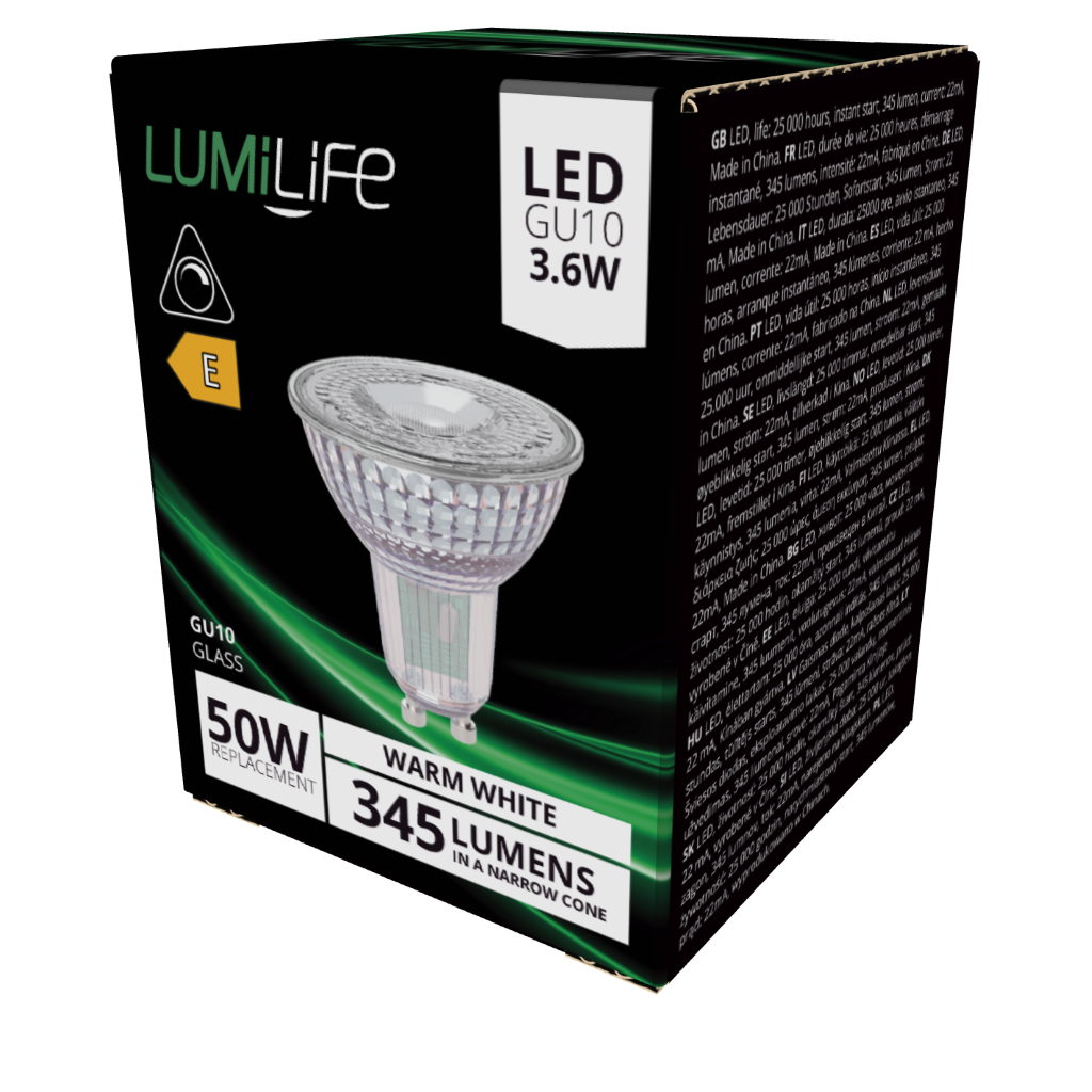 S16380 LumiLife LED Glass GU10 345lm 3.6W 2,700K (Warm White) Dimmable, Box of 1