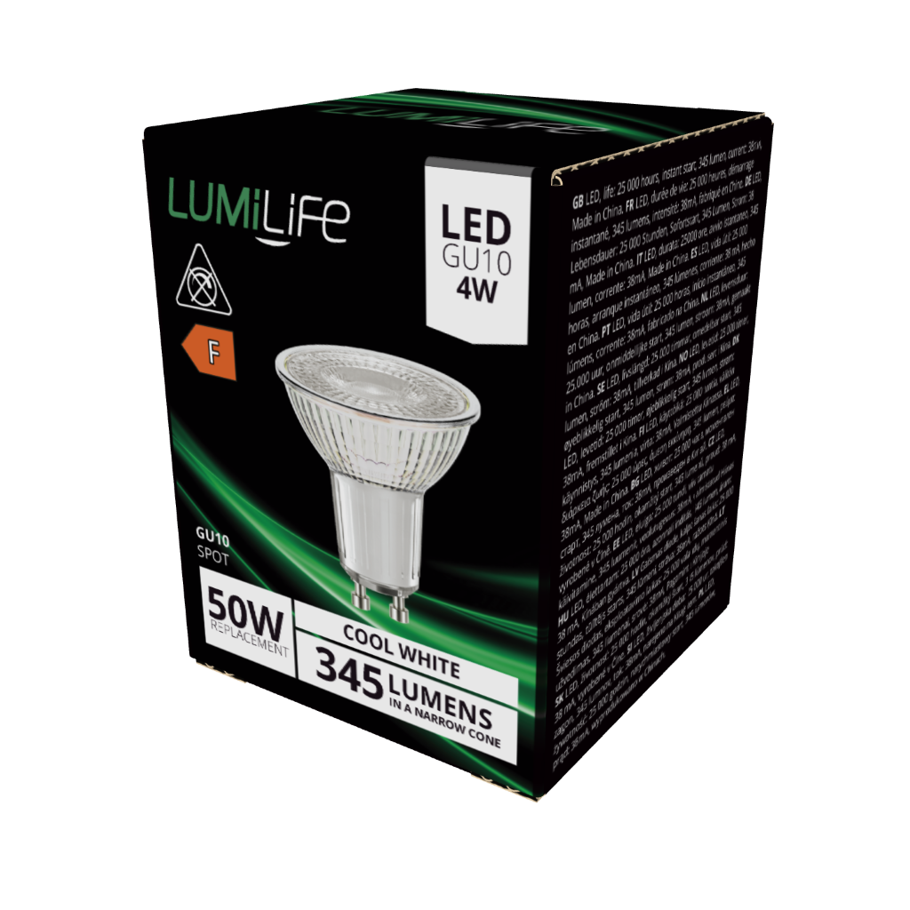 S16381 LumiLife LED Glass GU10 345lm 4W 4,000K (Cool White), Box of 1