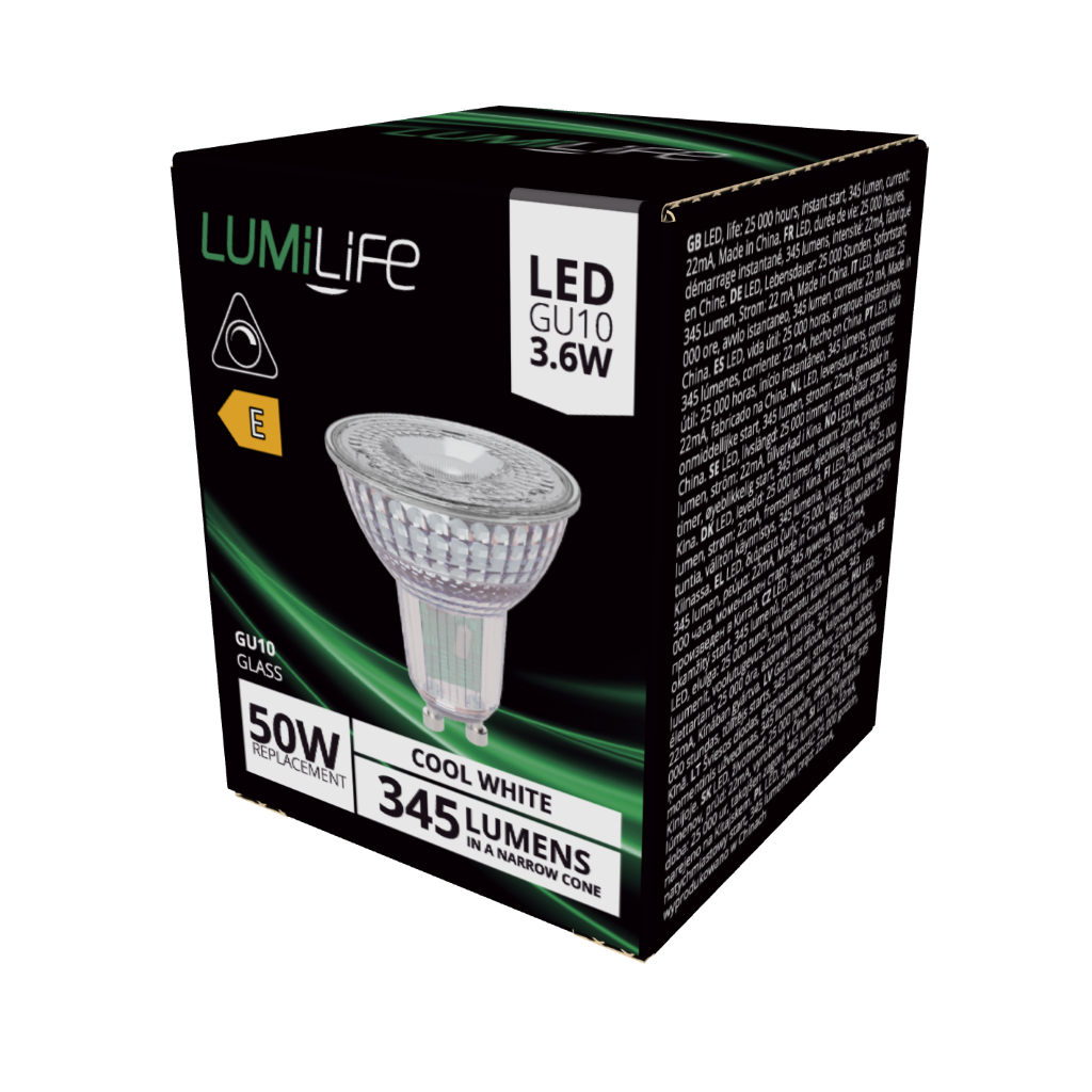 S16382 LumiLife LED Glass GU10 345lm 3.6W 4,000K (Cool White) Dimmable, Box of 1