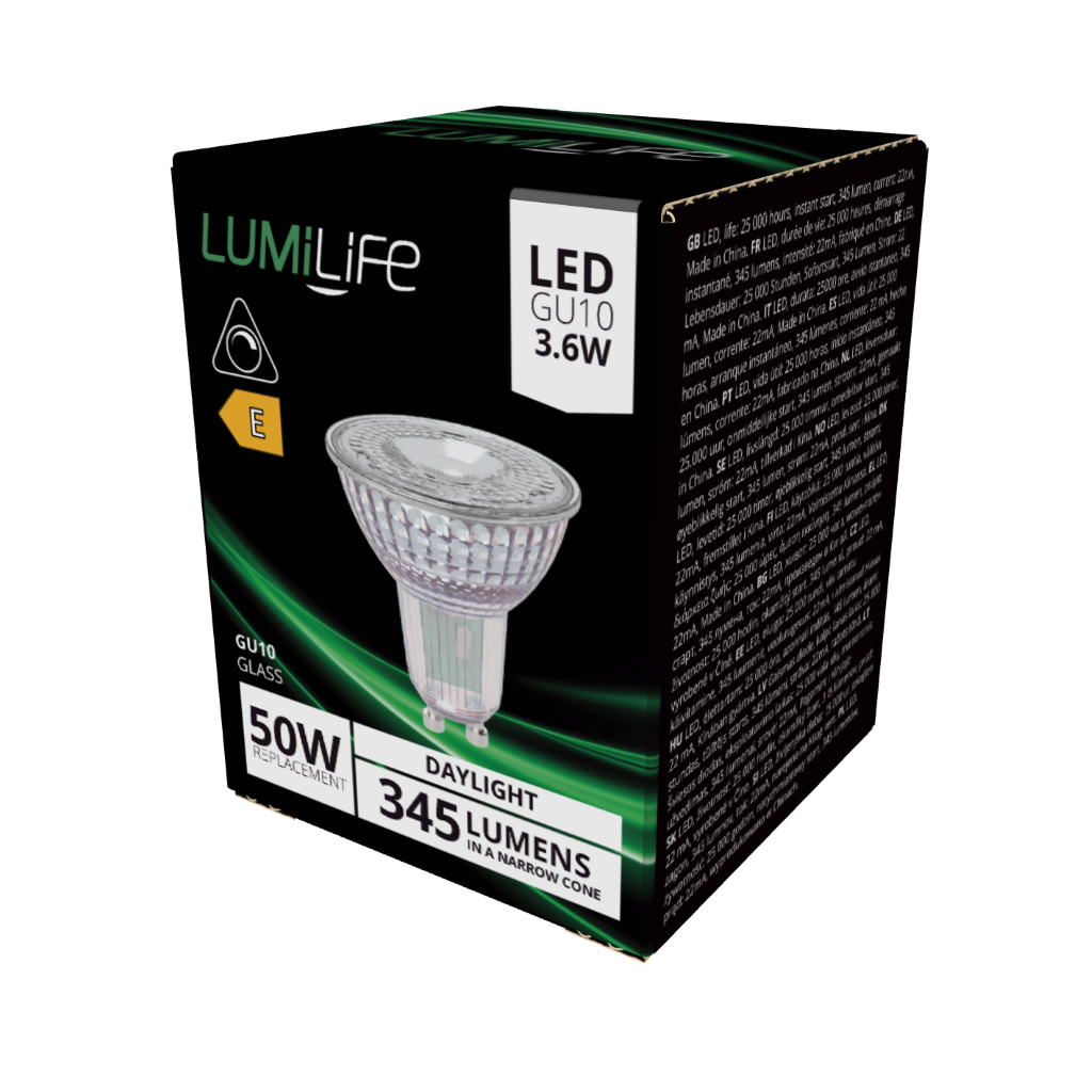 S16384 LumiLife LED Glass GU10 345lm 3.6W 5,000K (Daylight) Dimmable, Box of 1