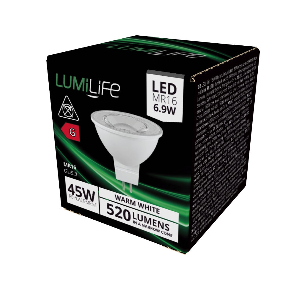 S16388 LumiLife LED MR16 520lm 6.9W 2,700K (Warm White), Box of 1