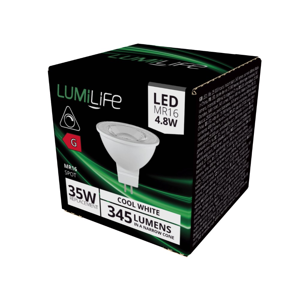 S16392 Lumilife LED MR16 345lm 4.8W 4,000K (Cool White) Dimmable, Box of 1