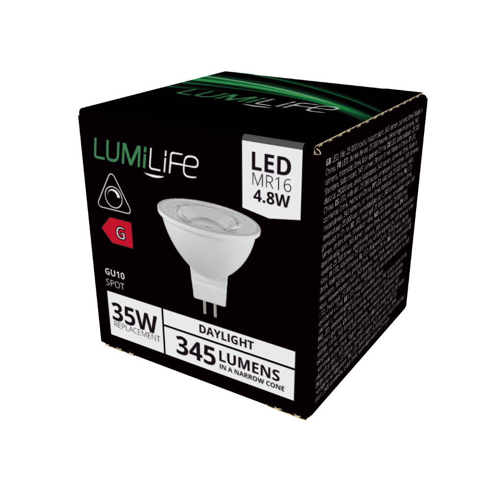 S16393 LumiLife LED MR16 345lm 4.8W 5,000K (Daylight) Dimmable, Box of 1