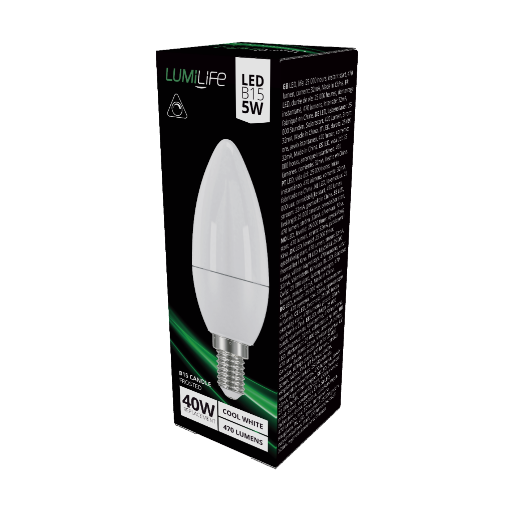 S16395 LumiLife LED Candle B15 (SBC) 470lm 4.2W 4,000K (Cool White) Dimmable, Box of 1