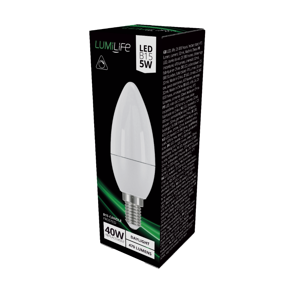 S16396 LumiLife LED Candle B15 (SBC) 470lm 4.2W 6,500K (Daylight) Dimmable, Box of 1
