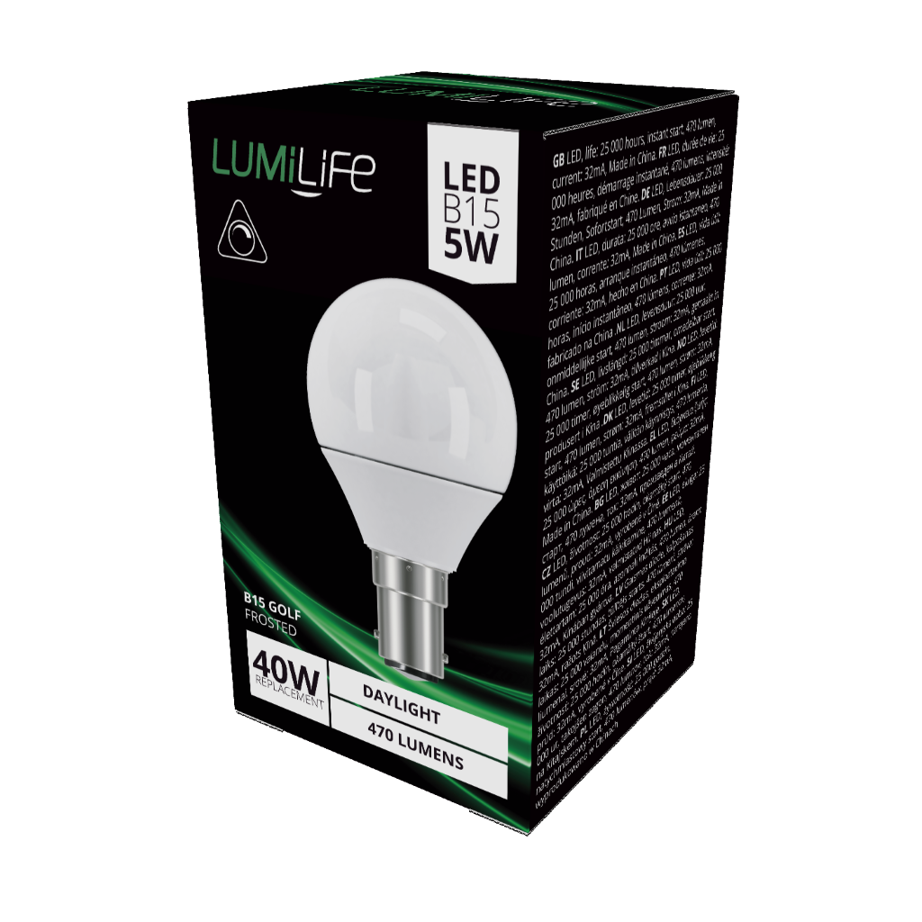 S16399 LumiLife LED Golf B15 (SBC) 470lm 4.2W 6,500K (Daylight) Dimmable, Box of 1