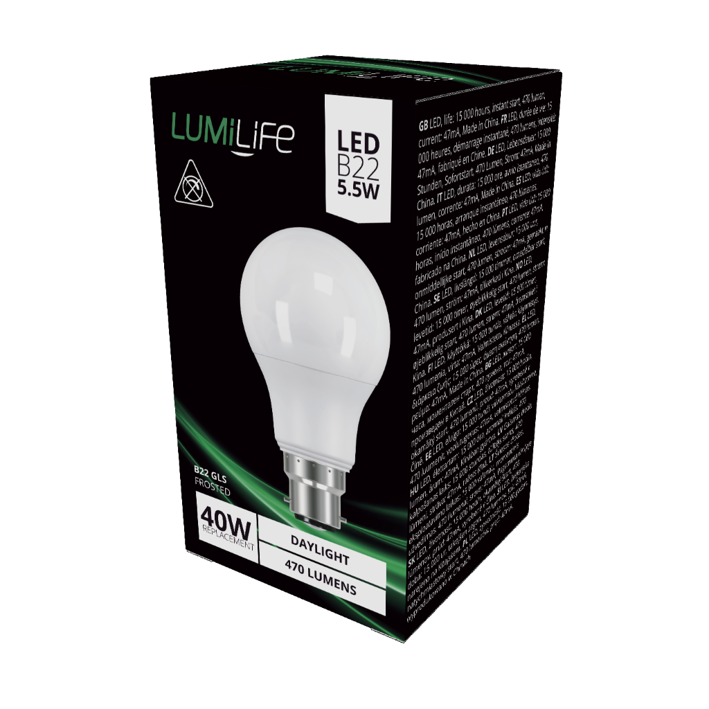 S16403 LumiLife LED GLS B22 (BC) 470lm 4.9W 6,500K (Daylight), Box of 1