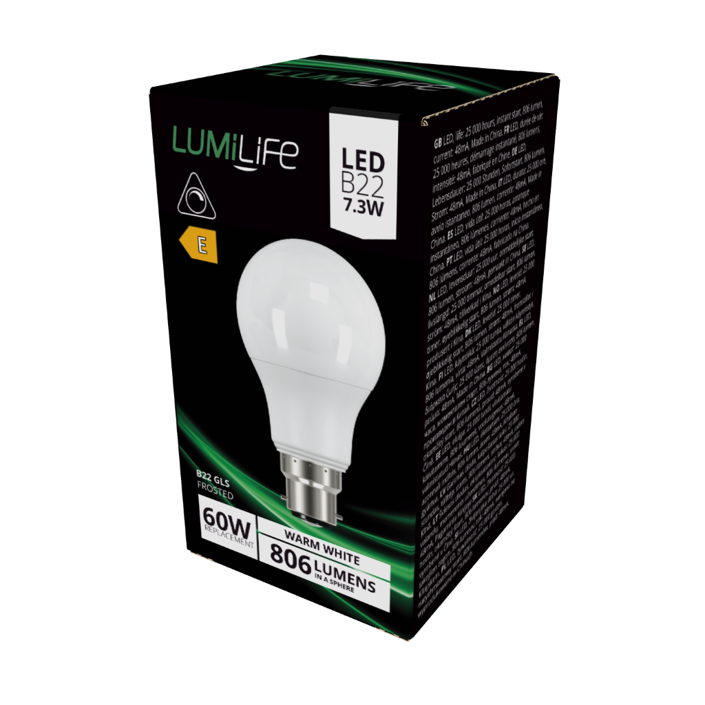 S16405 LumiLife LED GLS B22 (BC) 806lm 7.3W 2,700K (Warm White) Dimmable, Box of 1