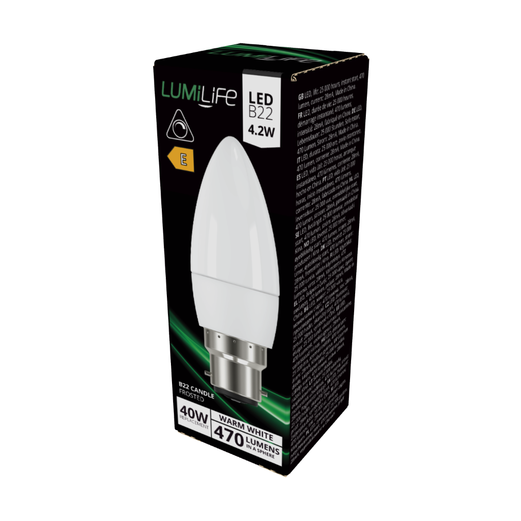 S16416 LumiLife LED Candle B22 (BC) 470lm 4.2W 2,700K (Warm White) Dimmable, Box of 1