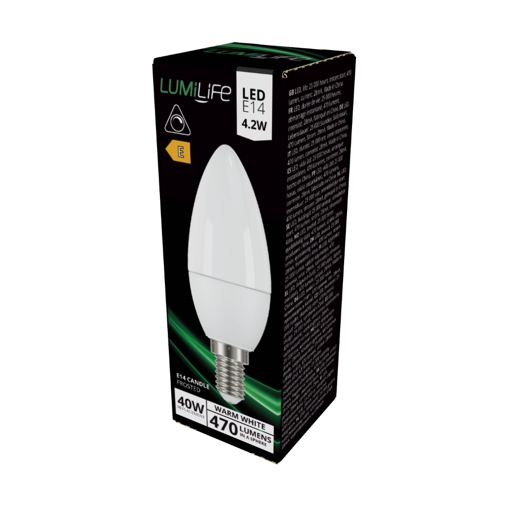 S16422 LumiLife LED Candle E14 (SES) 470lm 4.2W 2,700K (Warm White) Dimmable, Box of 1
