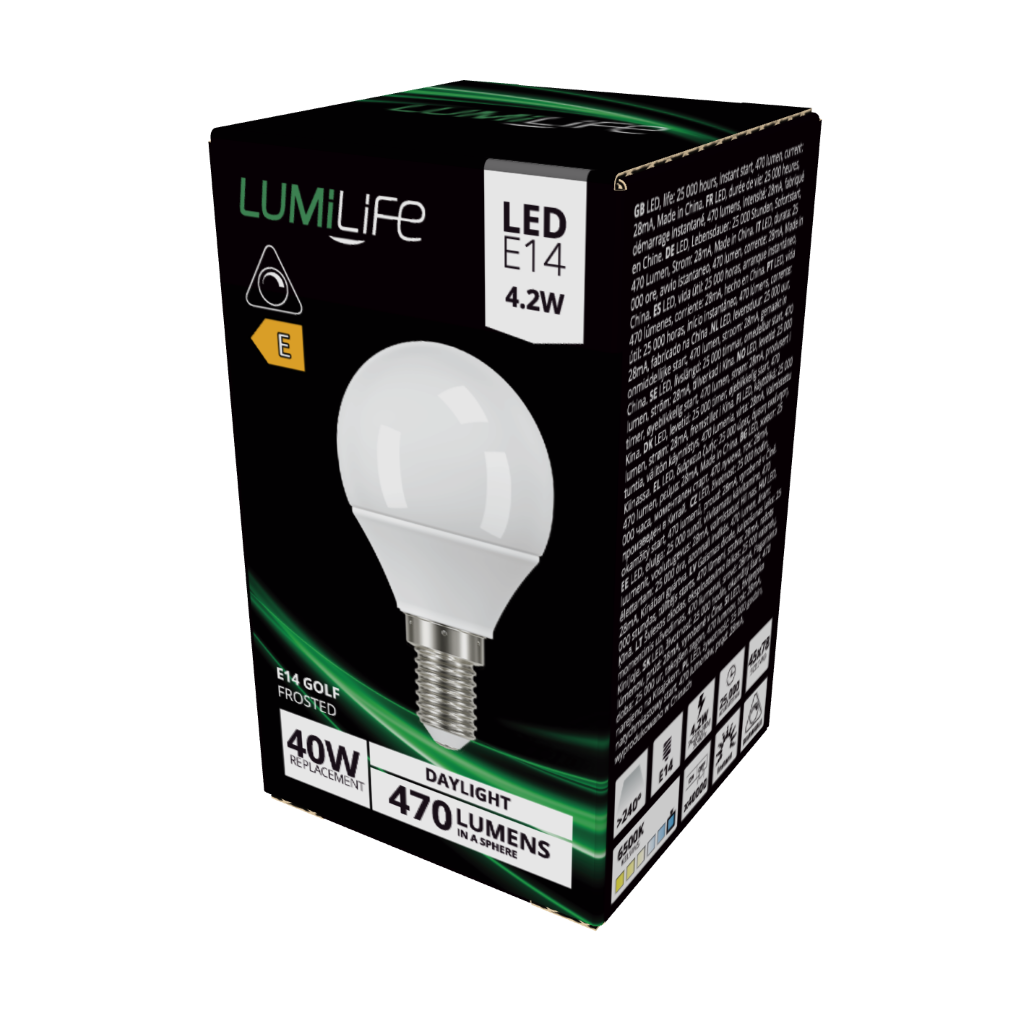 S16427 LumiLife LED Golf E14 (SES) 470lm 4.2W 6,500K (Daylight) Dimmable, Box of 1