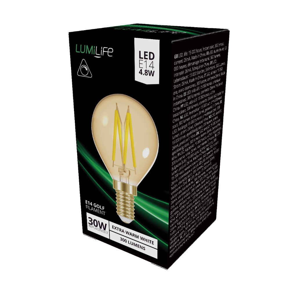 S16470 LumiLife LED Filament Golf E14 (SES) 330lm 3.7W 2,200K (Warm White) Dimmable, Box of 1