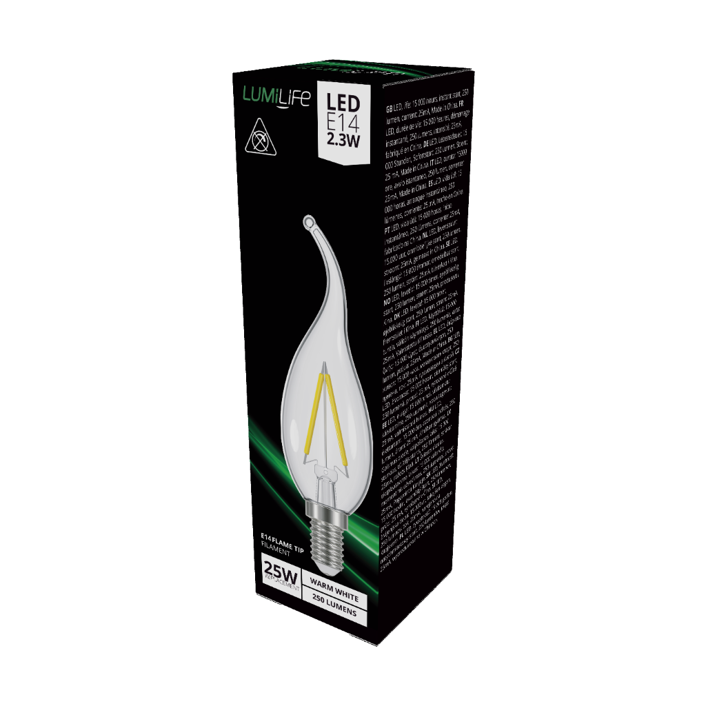 S16472 LumiLife LED Filament Flame Tip E14 (SES) 250lm 2.2W 2,700K (Warm White), Box of 1