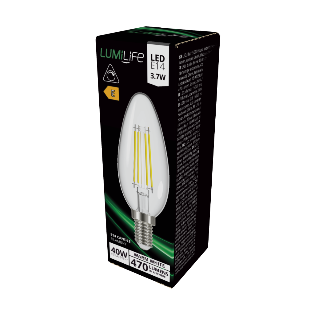 S16474 LumiLife LED Filament Candle E14 (SES) 470lm 3.7W 3,000K (Warm White) Dimmable, Box of 1