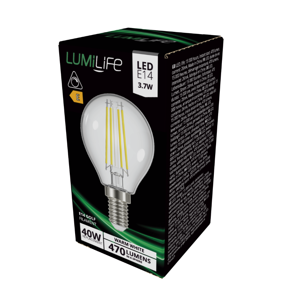 S16475 LumiLife LED Filament Golf E14 (SES) 470lm 3.7W 3,000K (Warm White) Dimmable, Box of 1