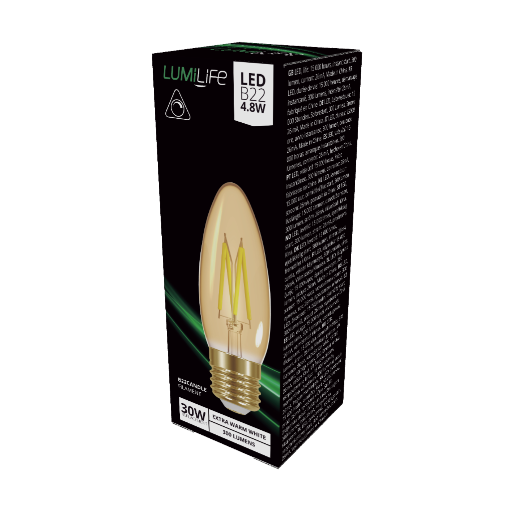S16476 LumiLife LED Filament Candle E27 (ES) 330lm 3.7W 2,200K (Warm White) Dimmable, Box of 1