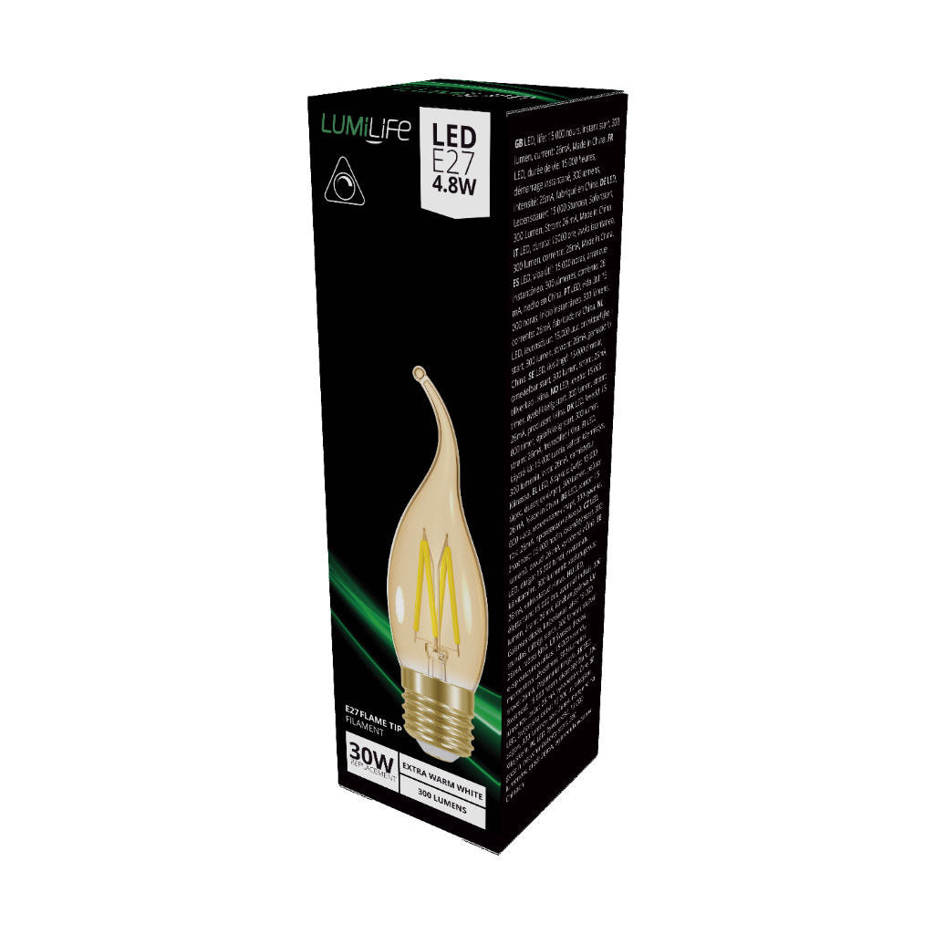 S16477 LumiLife LED Filament Flame Tip E27 (ES) 330lm 3.7W 2,200K (Warm White) Dimmable, Box of 1
