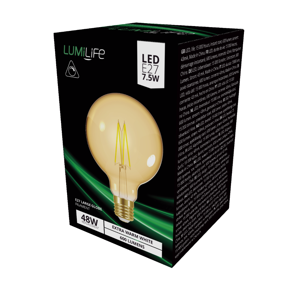 S16480 LumiLife LED Filament L Globe E27 (ES) 550lm 6.7W 2,200K (Warm White) Dimmable, Box of 1