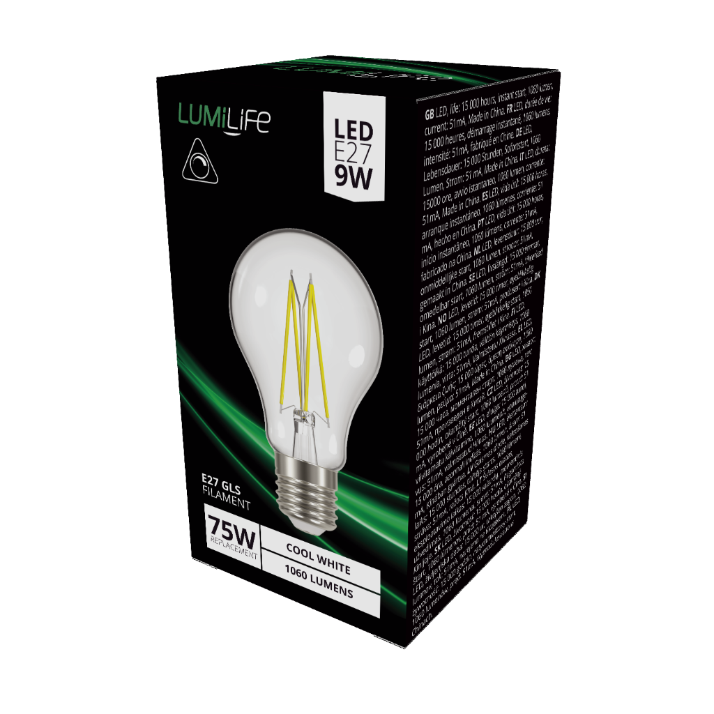 S16487 LumiLife LED Filament GLS E27 (ES) 1,060lm 8.2W 4,000K (Cool White) Dimmable, Box of 1