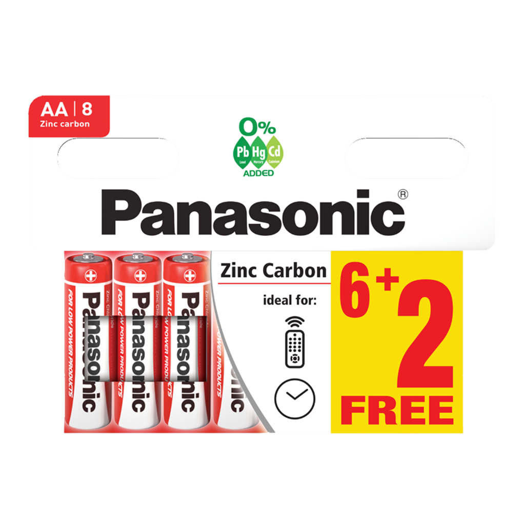 S16722 Panasonic AA Zinc Carbon, Pack of 6+2