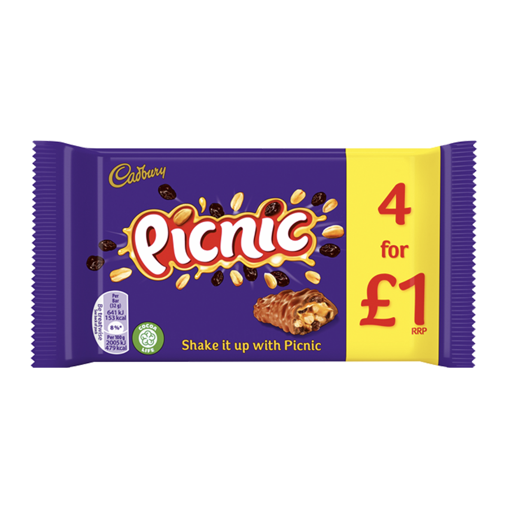 S17119 Cadburys Picnic - 4 Pack - 32g Per Bar - Price Marked