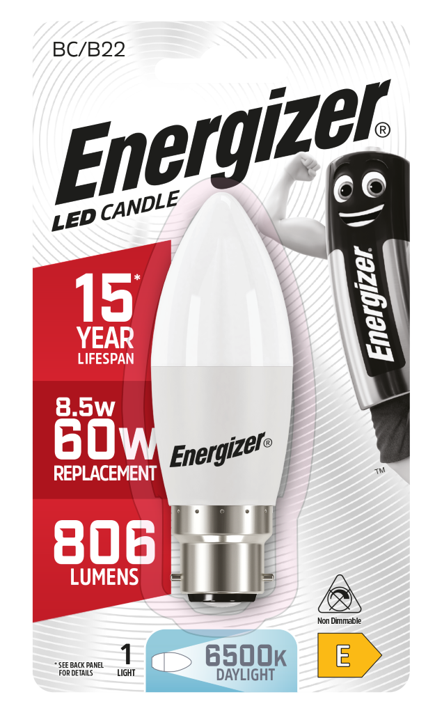 S17362 Energizer LED Candle B22 (BC) 806lm 8.5W 6,500K (Daylight), Blister of 1