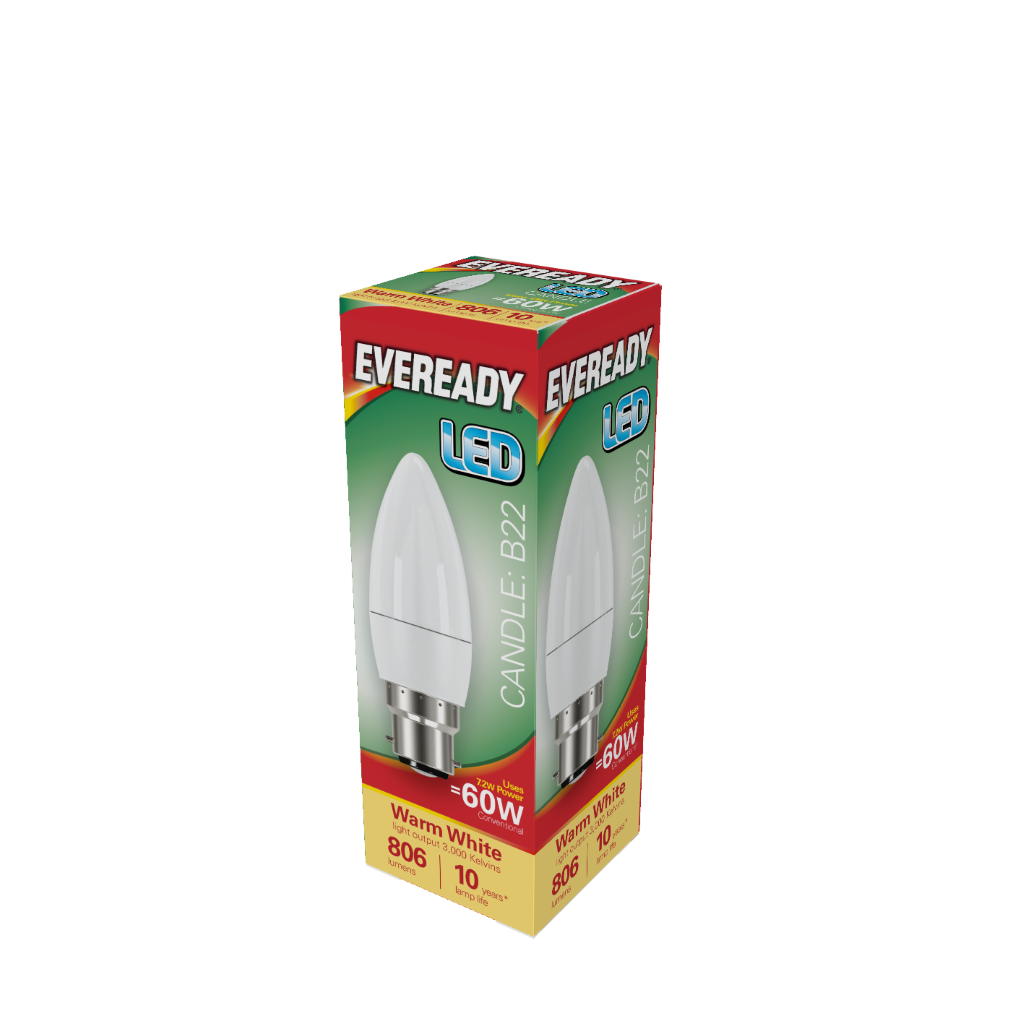 S17375 Eveready LED Candle B22 (BC) 806lm 7.3W 3,000K (Warm White), Box of 1