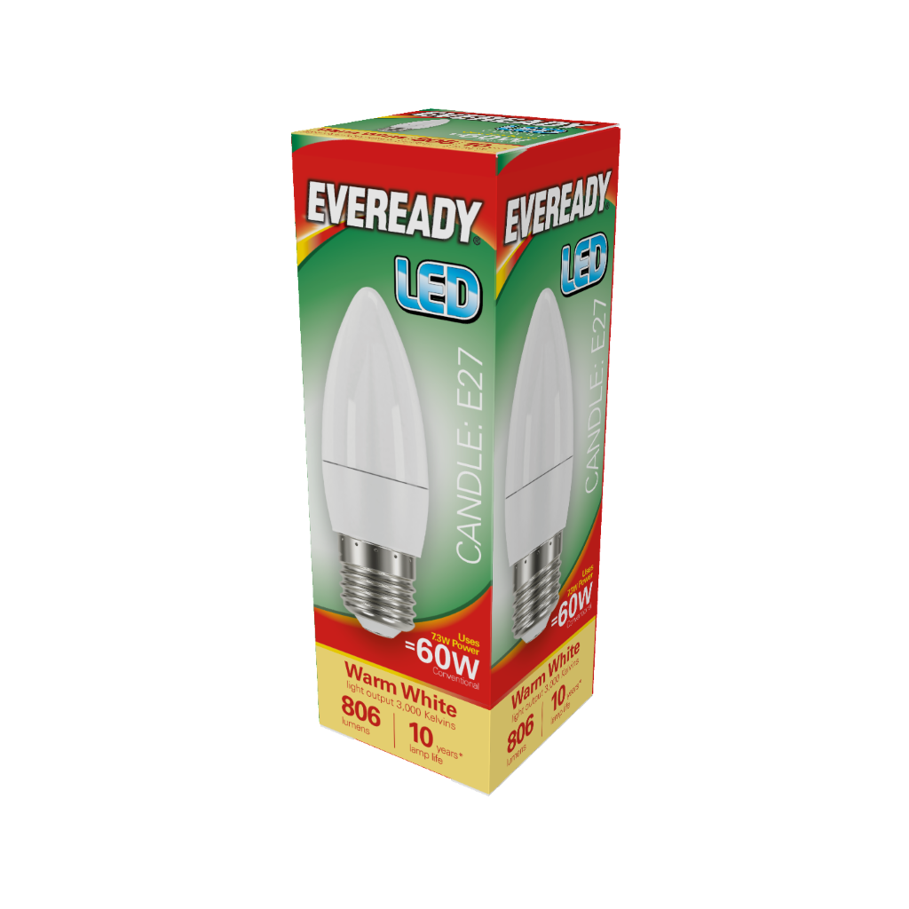 S17376 Eveready LED Candle E27 (ES) 806lm 7.3W 3,000K (Warm White), Box of 1